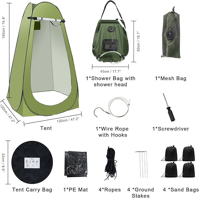 Portable Camping Privacy Tent Outdoor Shower Tent Kit with 5 Gallon Shower Bag-(Nozzle Upgraded)
