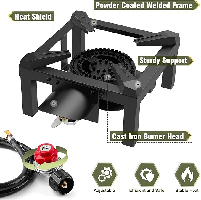 BESTFIRE Propane Burner 100000 BTUs High Pressure Single Propane Stove - Heat Shield and Guard 4.1ft Adjustable Hose with Regulator Gas Stove for Outdoor Cooking Turkey Fry Seafood Boil