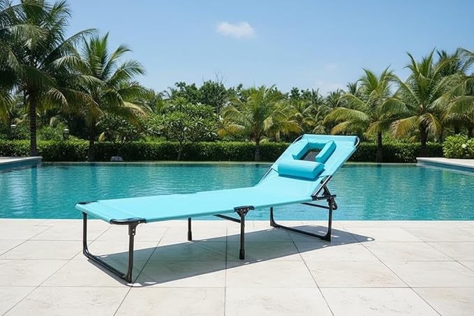 Tanning Chair with Face Hole Folding Beach Lounge Chair 5-Position Adjustable Backrest Face Down Chaise Lounge with Pillow and Side Pocket Portable for Pool Patio Backyard Beach Blue