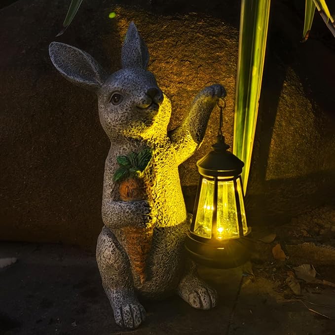 Garden Statues Rabbit Solar Lantern Outdoor Handmade Resin Statue Bunny with Cute Carrot for Patio YardMother's Day Gift Ideas (rabbit1)