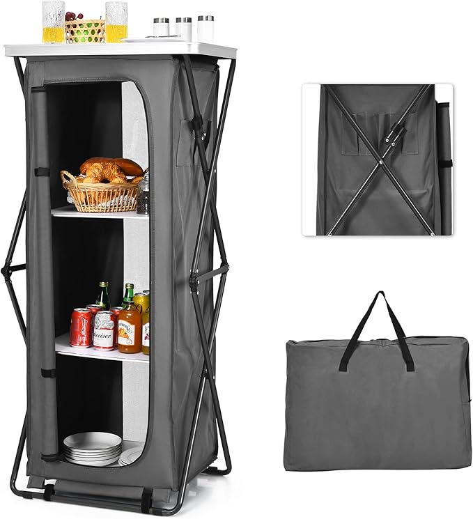 Goplus Folding Camping Storage Cabinet Pop Up Outdoor Camping Kitchen Station with Large 3-Tier Storage Organizer Carry Bag Easy Set Up Portable Compact Camping Table for BBQ Picnic Backyard (55'')