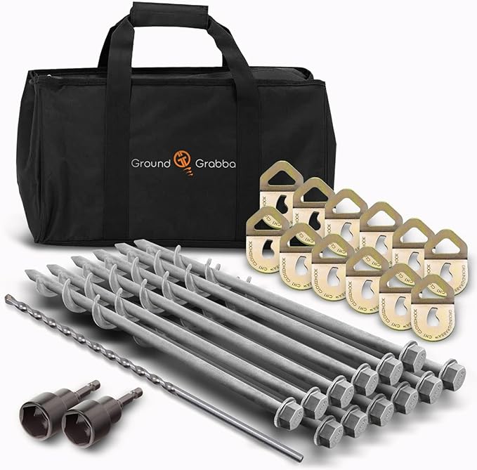 GROUNDGRABBA Screw in Tent Stake for Normal to Hard Ground | Premium Drill Driven Ground Anchor Earth Screws | 12X Pro Stakes 12X Closed Hooks 1x Masonry Drill Bit 1x Carry-All Bag