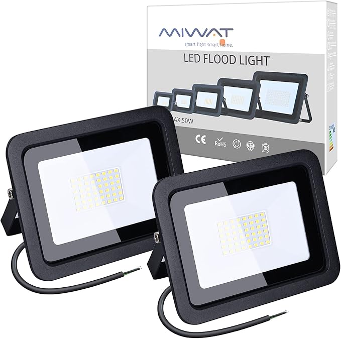 MIHEAL 2 Pack 50W LED Flood Light Cool White IP68 Waterproof Super Bright Work Light 110V Outdoor Floodlight for Yard Garden Garage Lawn Court