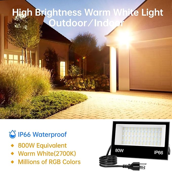 LED Flood Light Outdoor 80W RGB Color Changing Smart Floodlights 2700K 8000LM Warm White &amp 16 Million Colors RGBW Stage Lights with APP Control 43 Modes Grouping Timing IP66 Waterproof (2 Pa