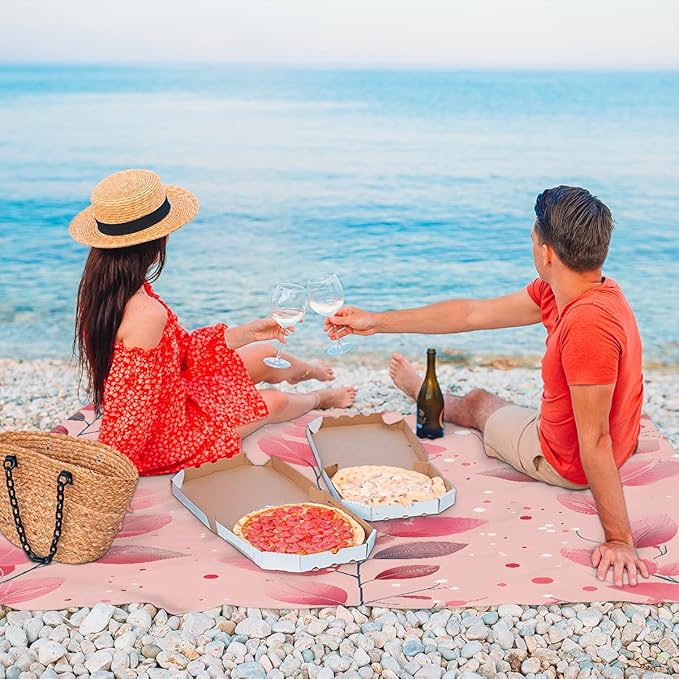 Waterproof Sandproof Beach Blanket 59''×68'' Plants Pink Leaf Polyester Outdoor Picnic Blanket with 4 Stakes &amp Storage Bag for BeachCampingVacation Pink