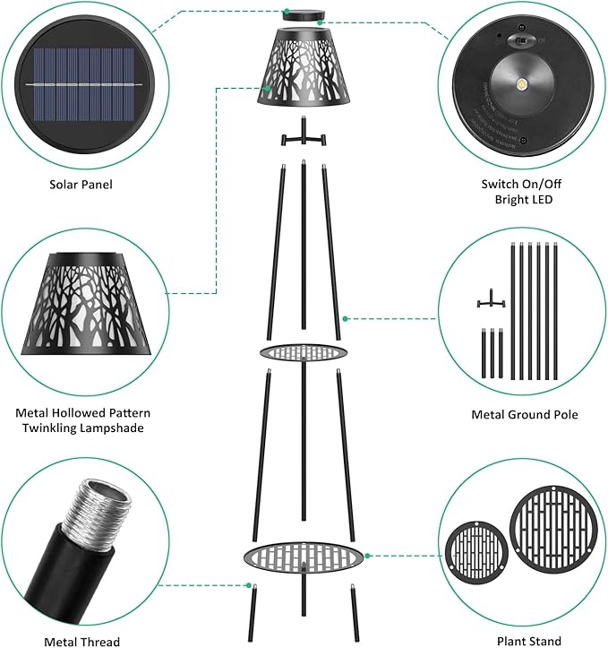 2 Pack 45.5'' Outdoor Floor Lamps with 2 Tier Plant Stand Solar Powered Metal Waterproof Lights for Patio Deck Yard Garden Porch Decor