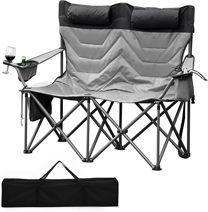 Heavy Duty Oversized Camping Chair for 2 Person Padded Loveseat Chair with High Back Support &amp Headrest 700 LBS Support for Adult Outdoor Folding Chair for Beach Fishing Backyard