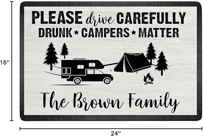Personalized Please Drive Carefully Drunk Campers Matter Doormat Camping - Custom Family Name Door Mat RV Accessories for Inside Outside Funny Campsite Decorations Travel Trailers 16x24 inches