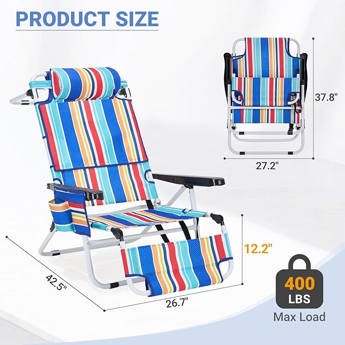 3 N 1 Beach Chair w/ Face Cushion &amp Arm Holes Lightweight Lawn Reclining Lounge Chair w/ Adjustable Backrest &amp Footrest5 Position Folding Chair for Outdoor Patio Backyard 440lb Weight Capa