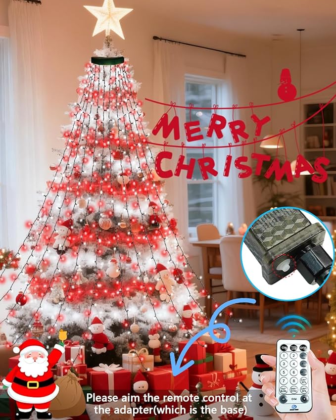 2025 New Christmas Tree Lights Indoor with Voice Control &amp Remote | 448LED Waterfall Tree Topper Lights with 12 Modes &amp Timer 7FT x 16 Lines Cascading Twinkle Lights for 7FT Xmas Decor(Red Wh