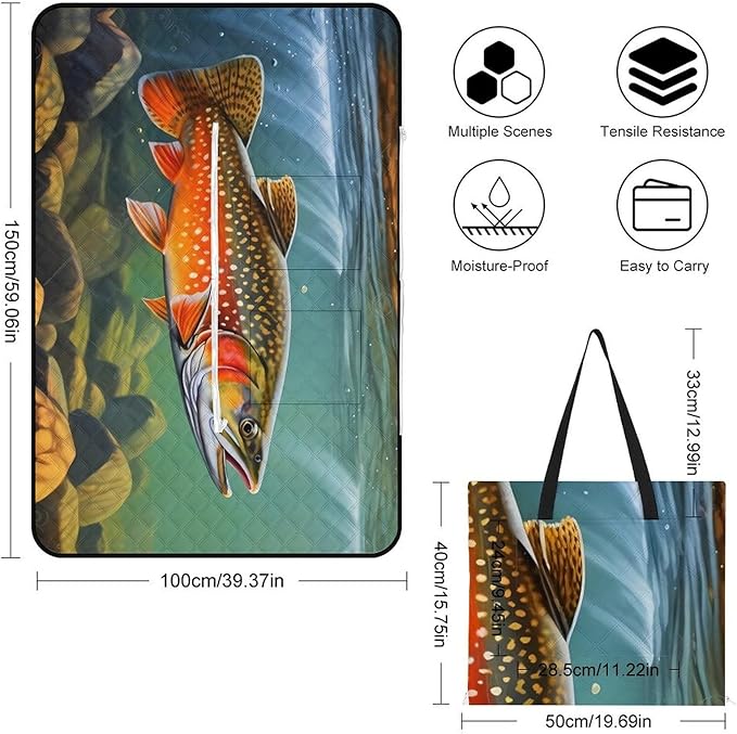 Brook Trout Fly Fishing_79629943 Print Zipper Style Picnic Mat Waterproof &amp Heat-Insulating Foldable Into A Shopping Bag