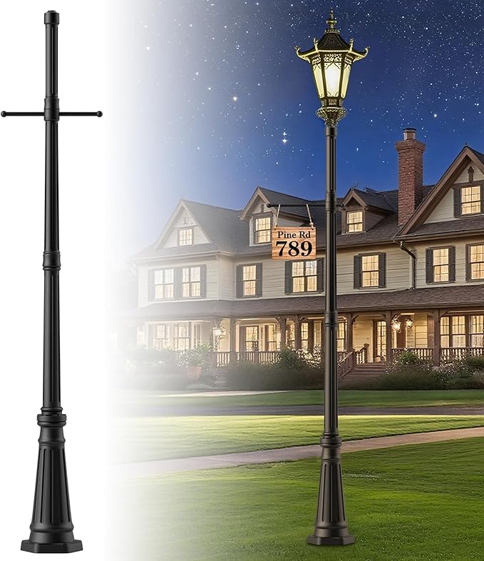 76 Vintage Design Cast Aluminum Lamp Post with Crossbars Matte Black Powder Coated Outdoor Lighting Pole for Porch/Yard/Garden Walkway