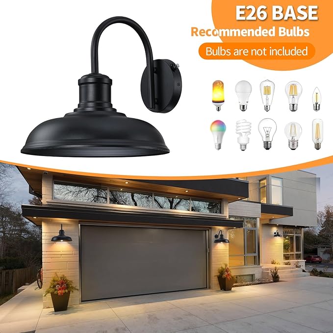 12'' Diameter Large Dusk to Dawn Outdoor Gooseneck Barn Light 2-Pack Outdoor Wall Sconce Farmhouse Exterior Light Wall Lighting Fixture Industrial Black Wall Lantern for Porch Garage Black