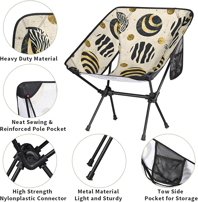 Honeybaby Folding Camping Chair Zebra Print Circle Camping Chairs Lightweight Portable Chair Outdoor Foldable Chairs for Camping Travel Picnic Beach Hiking