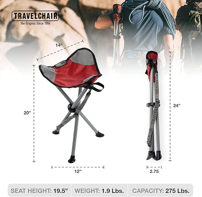 Travel Chair Slacker Tripod Chair for Camping Lightweight Chair Adjustable Carry Strap for Easy Transport | Oversized Duck Feet for Improved Stability | Perfect for Outdoor Adventures (Red)