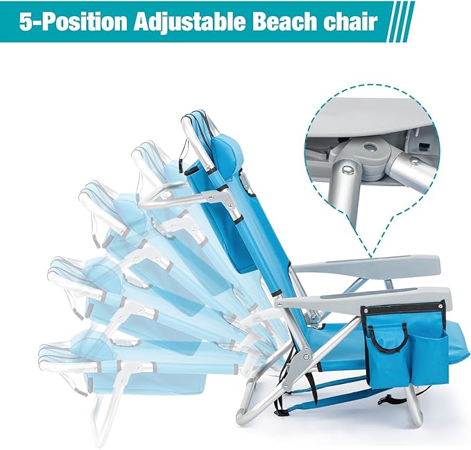 5-Position Folding Low Backpack Beach Chair with Headrest &amp Cup Holder - Portable Aluminum Reclining Camping Chair with Storage Bags Adjustable Recline - Lightweight &amp Compact (Low Blue)