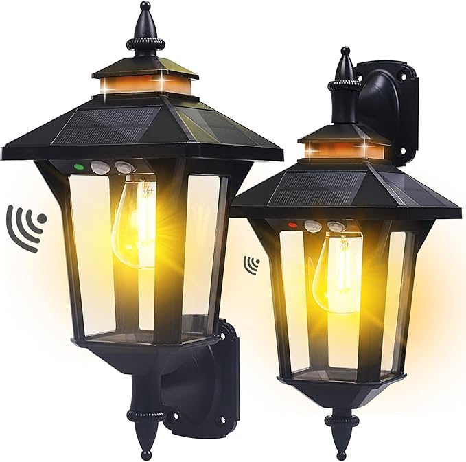 2 Pack Solar Wall Lantern Lights Outdoor with 3 Lighting Modes Motion Sensor Wall Sconce Dusk to Dawn LED Exterior Front Porch Lights Fixtures Wall Mount Waterproof for Garage House Doorway Yard