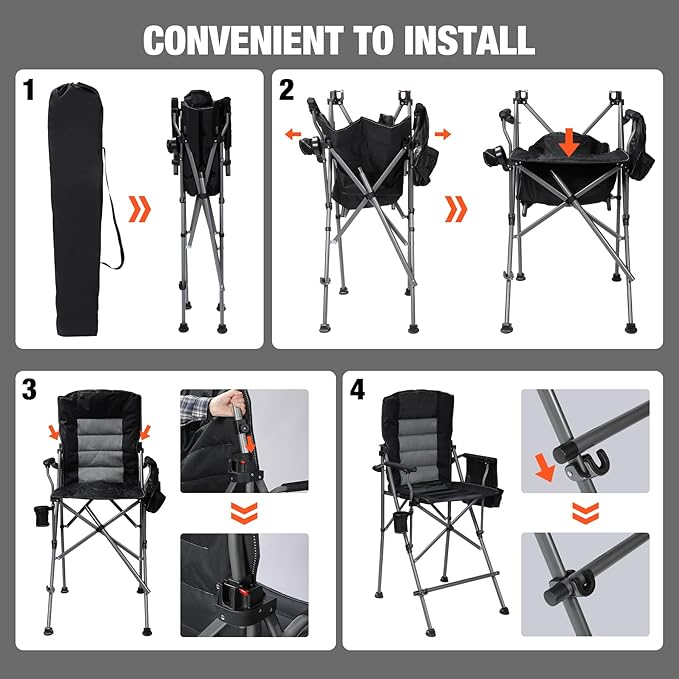 Extra Tall Folding Chairs for Adults 330lbs with Adjustable Backrest Portable Bar Height Foldable Director Chairs with Lumbar Support Comfortable with High Back and FootrestBlack2Pack