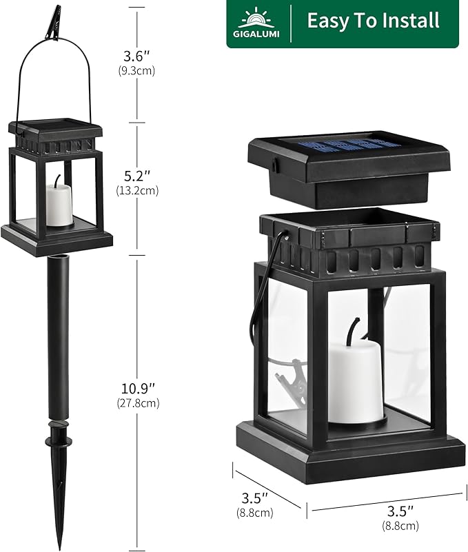 GIGALUMI 8 Pack Solar Hanging Lantern Outdoor Candle Effect Light with Stakes for Garden Patio Lawn Deck Umbrella Tent Tree Yard Driveway-Warm White