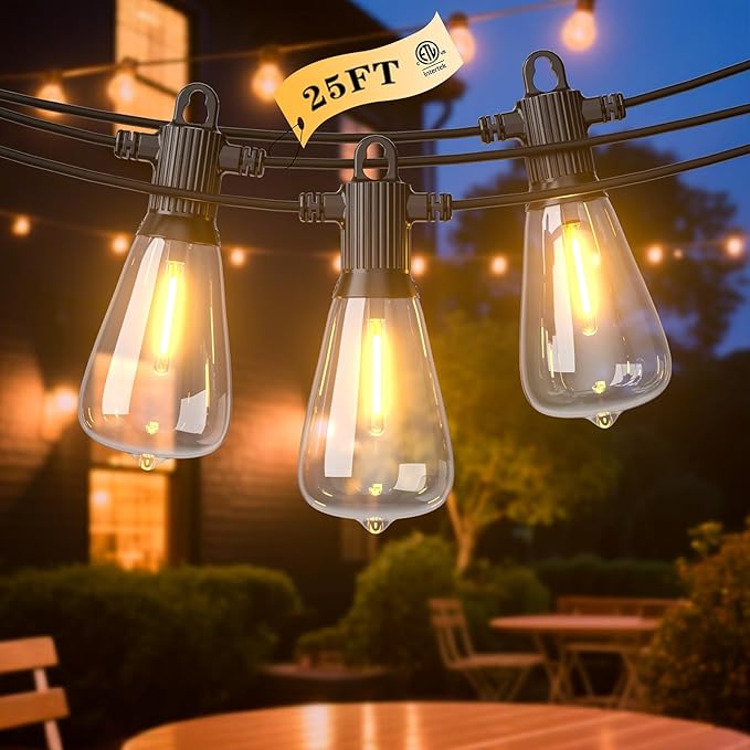 LED Outdoor String Lights 25FT Outside Waterproof Patio Lights with 12+1 Shatterproof ST38 Edison Bulbs 2700K Warm White Hanging Light Dimmable Light for Back Yard Porch Party Gezebo