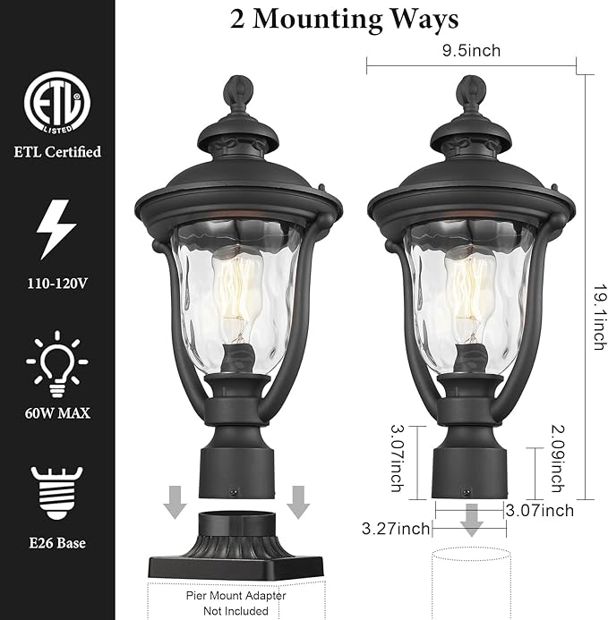 Outdoor Post Lights Modern Exterior Lamp Posts Light Fixtures Waterproof and Anti-Rust Aluminum Outside Pole Latern for Porch Patio Garden Water Ripple Glass Lamp Shade Black Finish