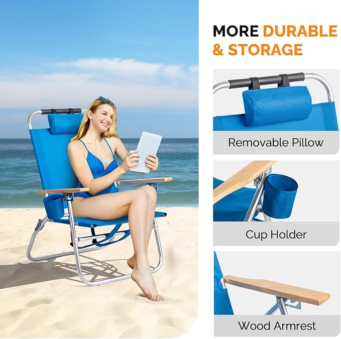 VINGLI 13 Aluminum Backpack Beach Chair – Tall Beach Chairs for Adults Portable with Adjustable Straps 3-Position Reclining Cup Holder High Lightweight Beach Chairs for BeachCamping Picnic