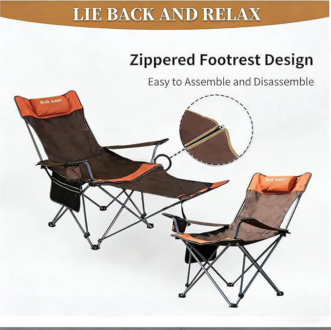 2 Pack Adjustable Folding Camping Chairs with Detachable Footrest and Headrest Lightweight and Portable Ideal for Hiking Travel Fishing and Outdoor Activities (Orange)