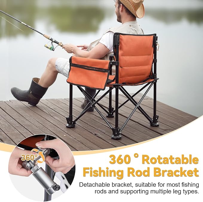 Heavy Duty Folding Fishing Chair 220LBS Load Capacity Portable Compact Camping Chair with 2 Detachable Rod Holders Adjustable Legs Storage Bags &amp Non-Slip Feet for Outdoor Fishing Beach