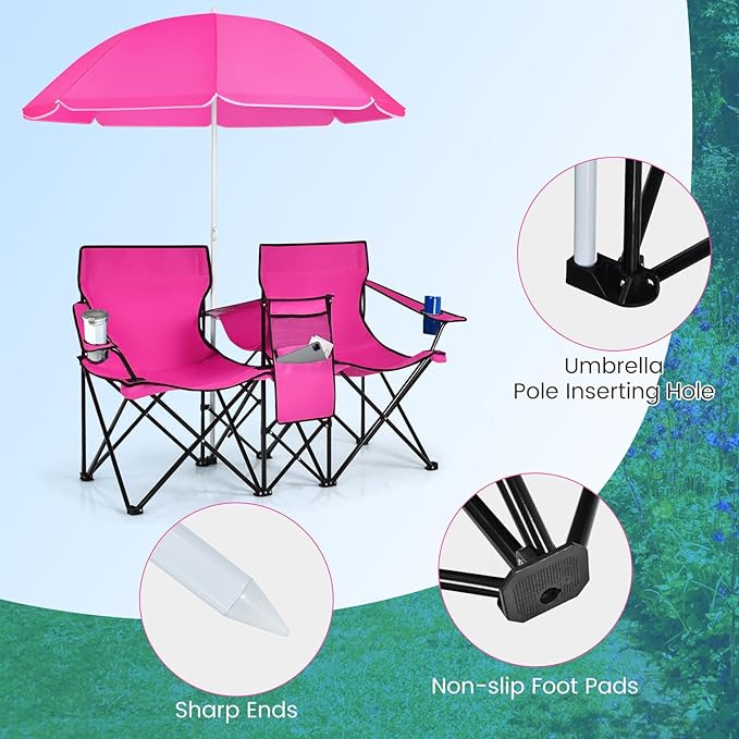 Double Beach Chair 2-Person Portable Loveseat w/Removable Umbrella Cup Holders &amp Carrying Bag Folding Camping Chairs for Adults Outdoor Picnic (Pink)