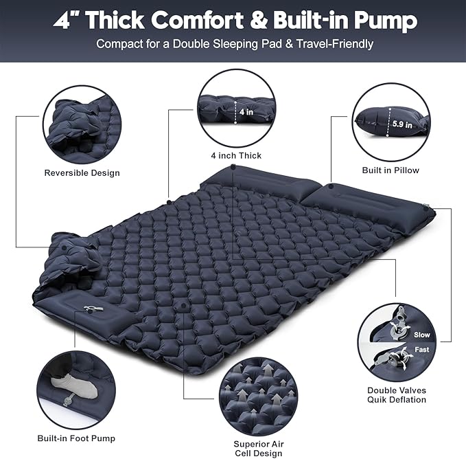 Double Sleeping Pad for Camping – 4” Thick Inflatable Camping Mattress 2 Person Built-in Foot Pump &amp Pillow Ultralight Self-Inflating Camping Mat for Tent Hiking Backpacking Traveling