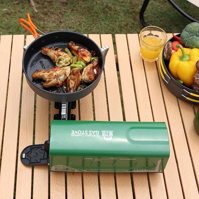 INFOOD Portable Butane Gas Camping Stove - 7500 BTU Compact Folding Design with Carry Bag for Backpacking RV Trips Picnic &amp Outdoor Indoor Cooking Green