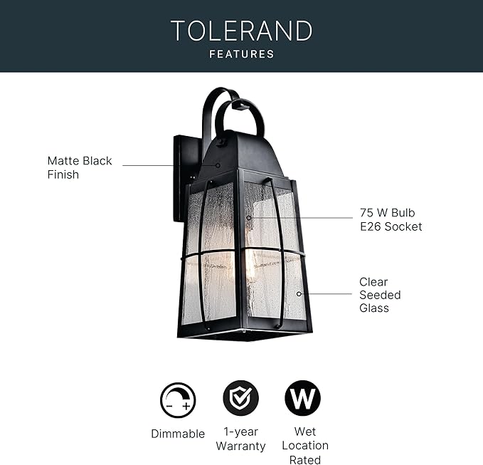 Kichler Tolerand 17.75 Outdoor Wall Light in Textured Black 1-Light Exterior Wall Sconce Porch Light with Clear Seeded Glass (17.75 H x 7.75 W) 49553BKT