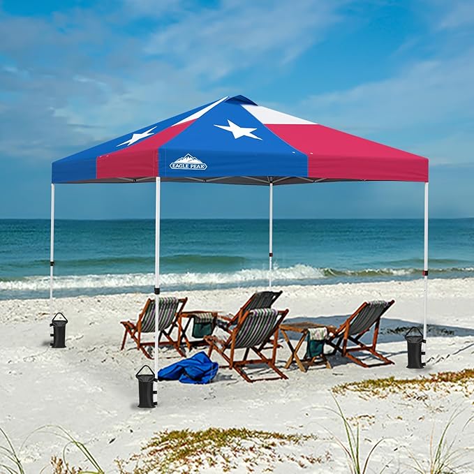 EAGLE PEAK Pop Up Canopy Tent with Wheeled Carry Bag 8 Stakes 4 Ropes 4 Weight Bags Easy Set Up Tent Canopy 10x10 ft 100sqft of Shade Texas