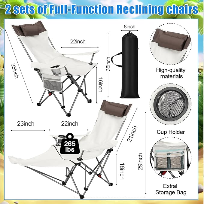Karenhi 2 Set Beach Camping Chair with Umbrella for Adult Folding Reclining Camping Chair with Foot Rest Adjustable Clamp Canopy Shade for Outdoor Patio Travel Beach (Beige)