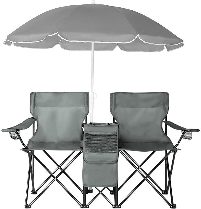 Double Camping Chairs with Removable Sun Umbrella Portable 2-Seat Folding Chair for Outdoor Activities Durable Steel Frame &amp Oxford Fabric Grey
