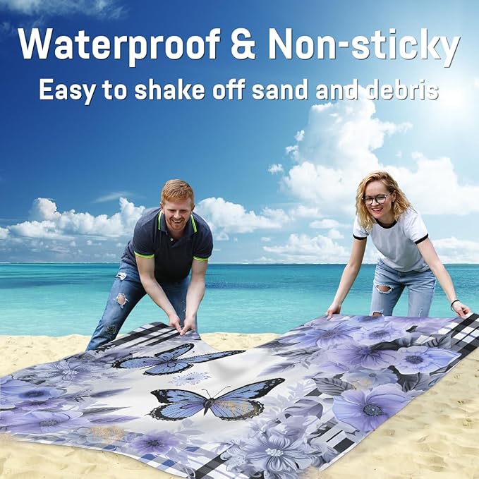 Waterproof Sandproof Beach Blanket 59''×68'' Butterfly Polyester Outdoor Picnic Blanket with 4 Stakes &amp Storage Bag for BeachCampingVacation Purple