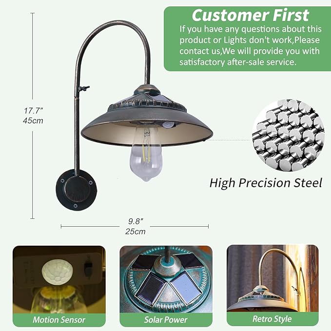 Solar Gooseneck Lights Outdoor Waterproof - Motion Sensor Rustic Vintage Porch Lights with Clear Glass LED Edison Bulbs and 4 Solar Panels for BarnPatioCoopShed and Courtyard(Bronze 2P)
