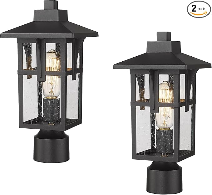 Outdoor Post Light Fixtures HWH Exterior Pillar Light 2 Pack Industrial Pole Lamp in Matte Black Finish with Seeded Glass 5HX62P-2PK BK