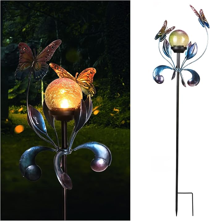 VCUTEKA Solar Lights Outdoor Metal Garden Stake Waterproof Crackle Glass Globe Garden Decor Butterfly for Pathway Lawn Patio Yard