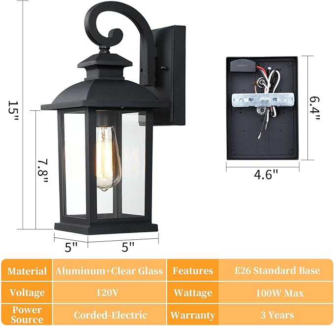 Outdoor Wall Sconce Lights 2-Pack Anti-Rust Aluminum Outdoor Porch Lights Wall Mount Black Exterior Lighting Fixtures with Tempered Glass 15 Medium Coach Lights for Garage House