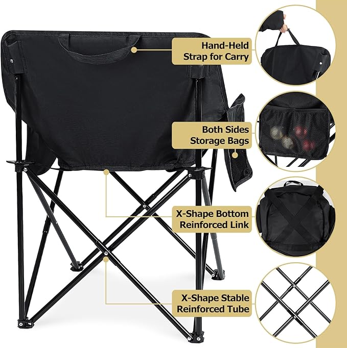 Leonyo Folding Camping Chairs Portable Outdoor Lawn Chairs for Adults with Carrying Bag for Outside Fishing Hiking &amp Festivals Black