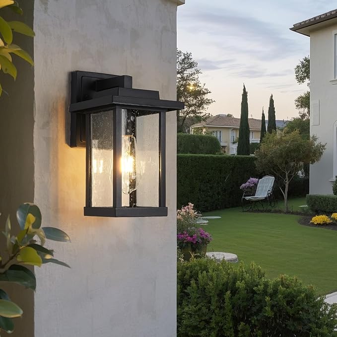Black Exterior Light Fixtures 2 Pack Farmhouse Outdoor Wall Sconce Modern Front Porch Light with Seeded Glass for House Patio Garage Entrace