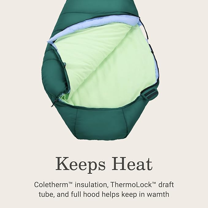 Coleman Cozy 30°F Sleeping Bag with Integrated Removable Fleece Liner Built in Stuff Stack for Easy Storage Easy Zip Easy Clean Green