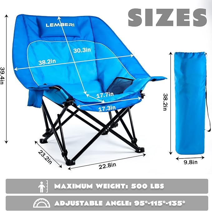 LEMBERI Oversized Heavy Duty Camping Chair for Adults500lbs Comfortable Folding Lawn ChairsLarge Outdoor Portable Chair with Cup HolderSide Pocket and Cooler Bag