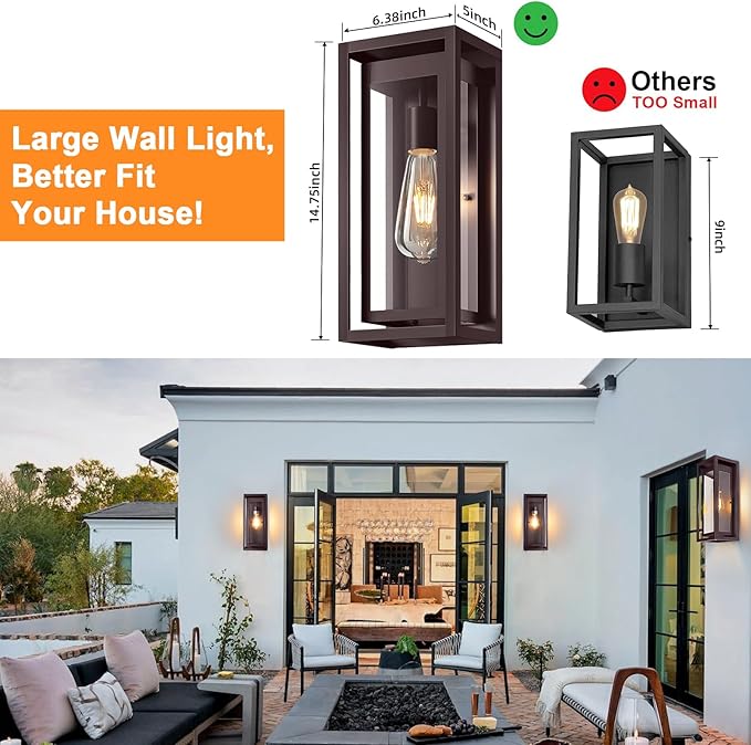 15 Large Oil Rubbed Bronze Outdoor Light Fixture 2 Pack ORB Outdoor Sconces Modern Waterproof Wall Lights with Clear Glass Shade for Front Door Porch Garage