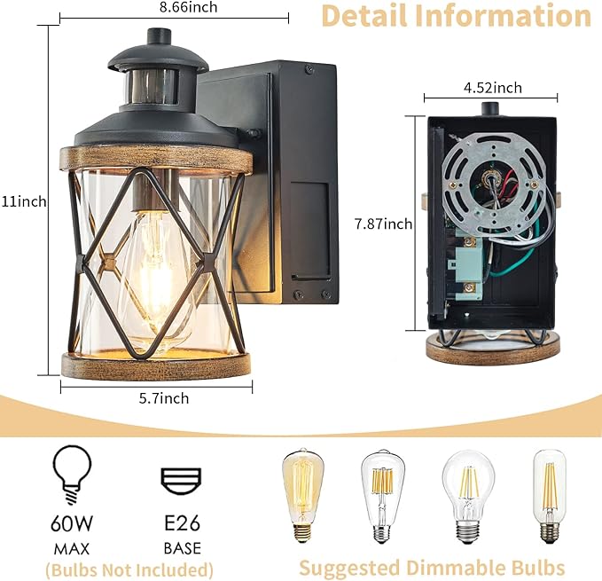 Dusk to Dawn Motion Sensor Outdoor Porch Light with GFCI Outlet3 Lighting Modes Anti-Rust Waterproof Industrial Outdoor LanternExterior Work lights Rustic Wood-Like Finish Wall Light (Brown 1 Pack)