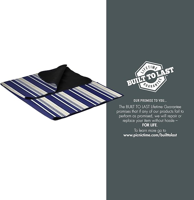 PICNIC TIME Outdoor Picnic Blanket Tote 59x51 Foldable Beach &amp Camping Blanket with Soft Fleece Water-Resistant Bottom Adjustable Strap &amp Zippered Pocket (Blue Stripe Navy Flap)