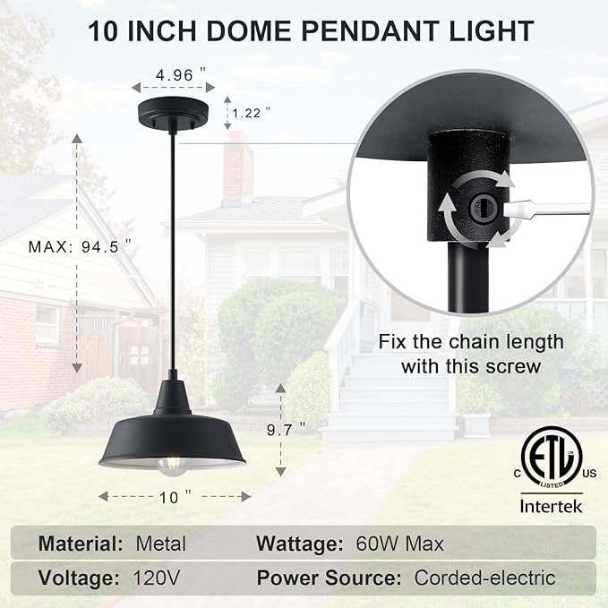 10 Inch Farmhouse Pendant Lighting Black Outdoor Barn Porch Ceiling Mount Lights Fixture Indoor Kitchen Island Hanging Light for Home Hallway Pendant Lamp for Entrance Adjustable