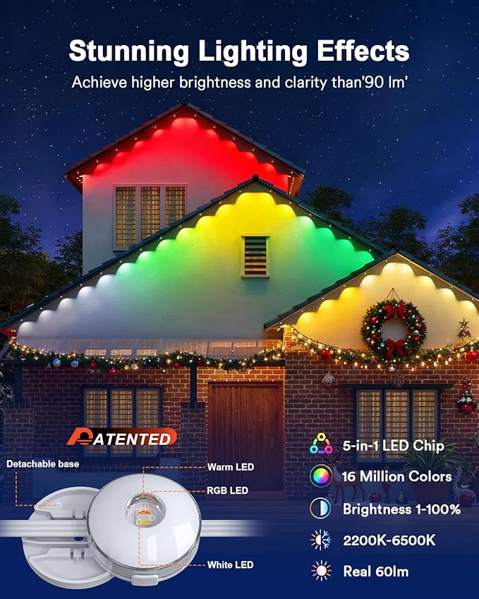 Lumary Permanent Outdoor Lights Max 53ft with 40 LED Eave Lights RGBAICW 2400LM IP67 Waterproof IC Control and Scene Modes for Halloween Christmas Decoration Works with Alexa and Google Assistant