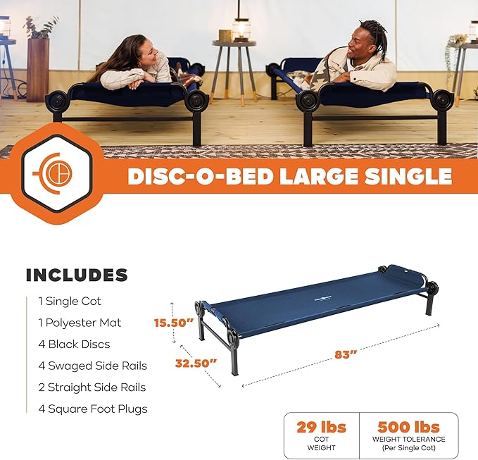 Disc-O-Bed Large Outdoor Modular 1 Person Single Camping Cot Portable Bed for Adults Sleep Solution for Tents Navy